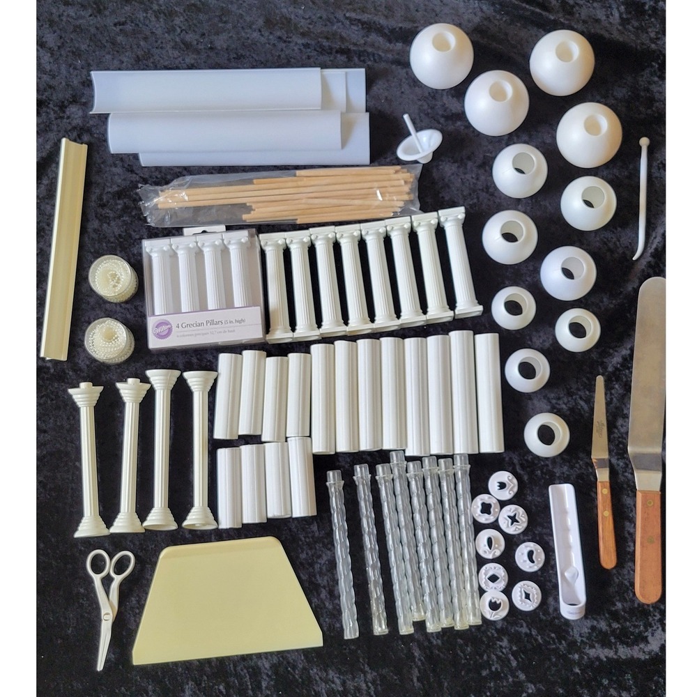 Wilton Cake Decorating Lot Grecian Pillars globe Spatulas flower formers punch